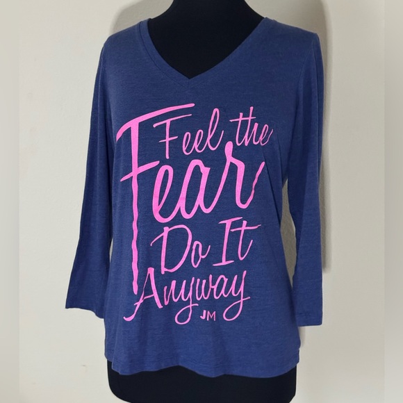 Jillian Michaels Tops - Blue V-Neck Women's Top with Pink Graphic Medium